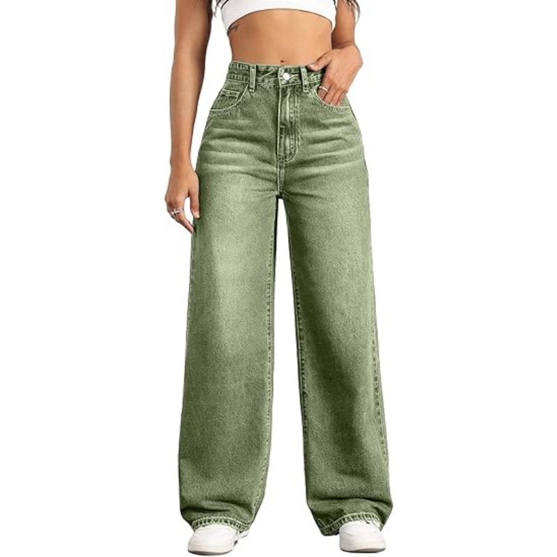 Women's High Waisted Stretchy Straight Leg Jeans, Loose Baggy Boyfriend Wide Leg Denim Pants