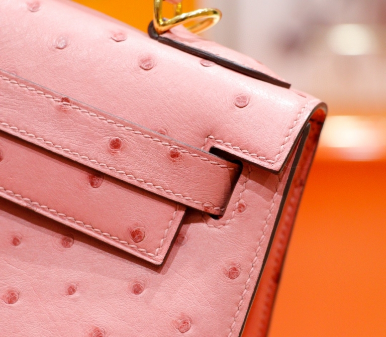 Hermes (Love Hermes) Kelly bag - Ceramic powder - South African ostrich leather - Fully hand-sewn - Gold buckle - 28cm