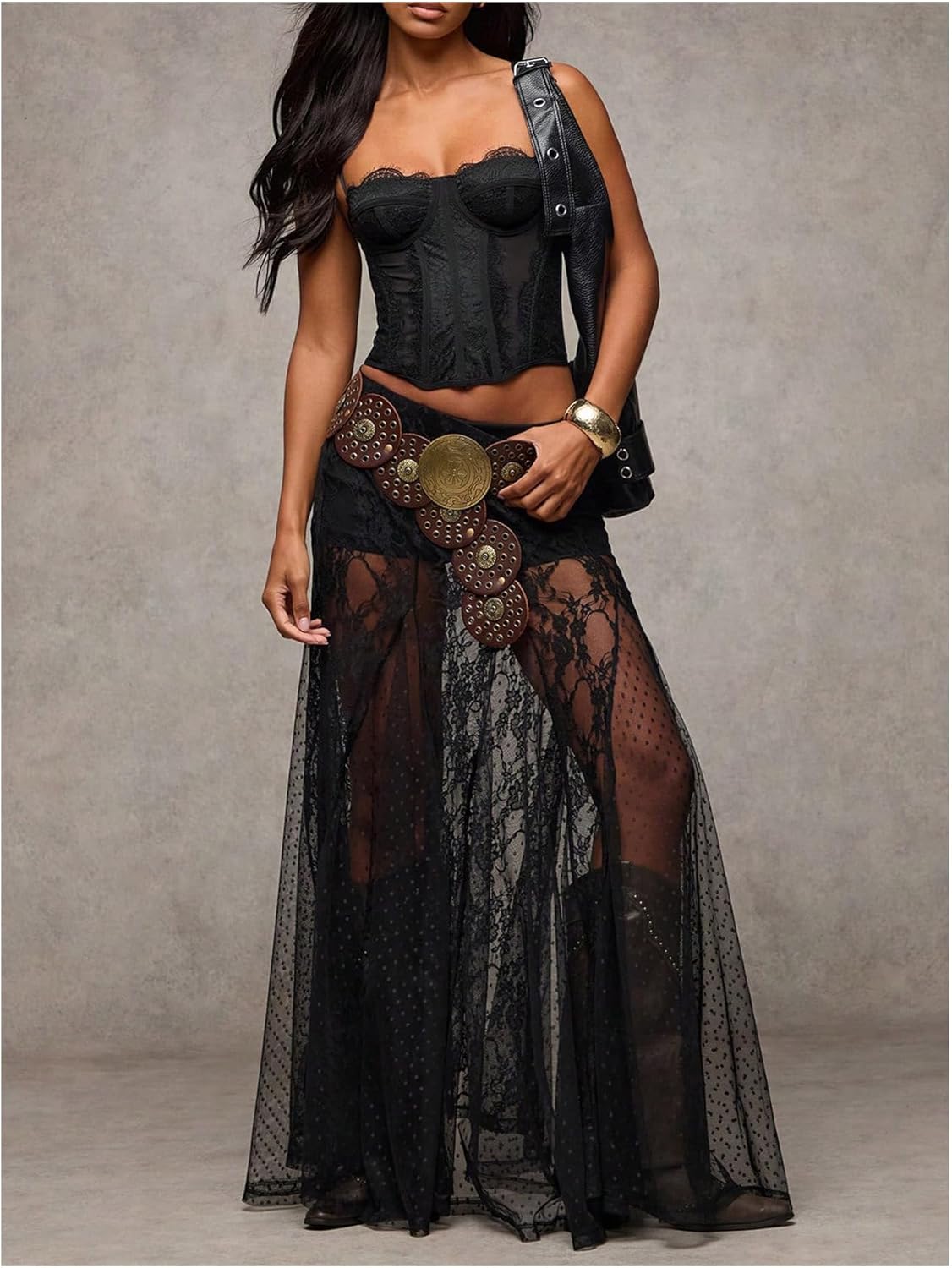 WDIRARA Women's Sexy See Through Sheer Lace Maxi Skirt Low Waist Ruffle Hem A Line Flowy Skirt