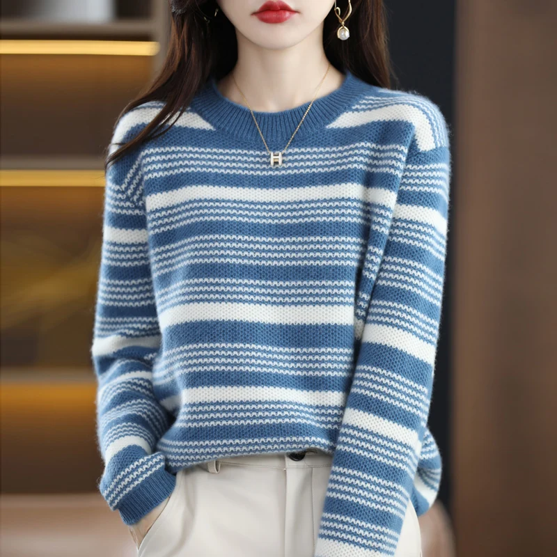 100% Wool Autumn Winter Women’s Soft Sweater Color Matching Round Neck Pullover New Ladies Stripe Knitted All-Match Top
