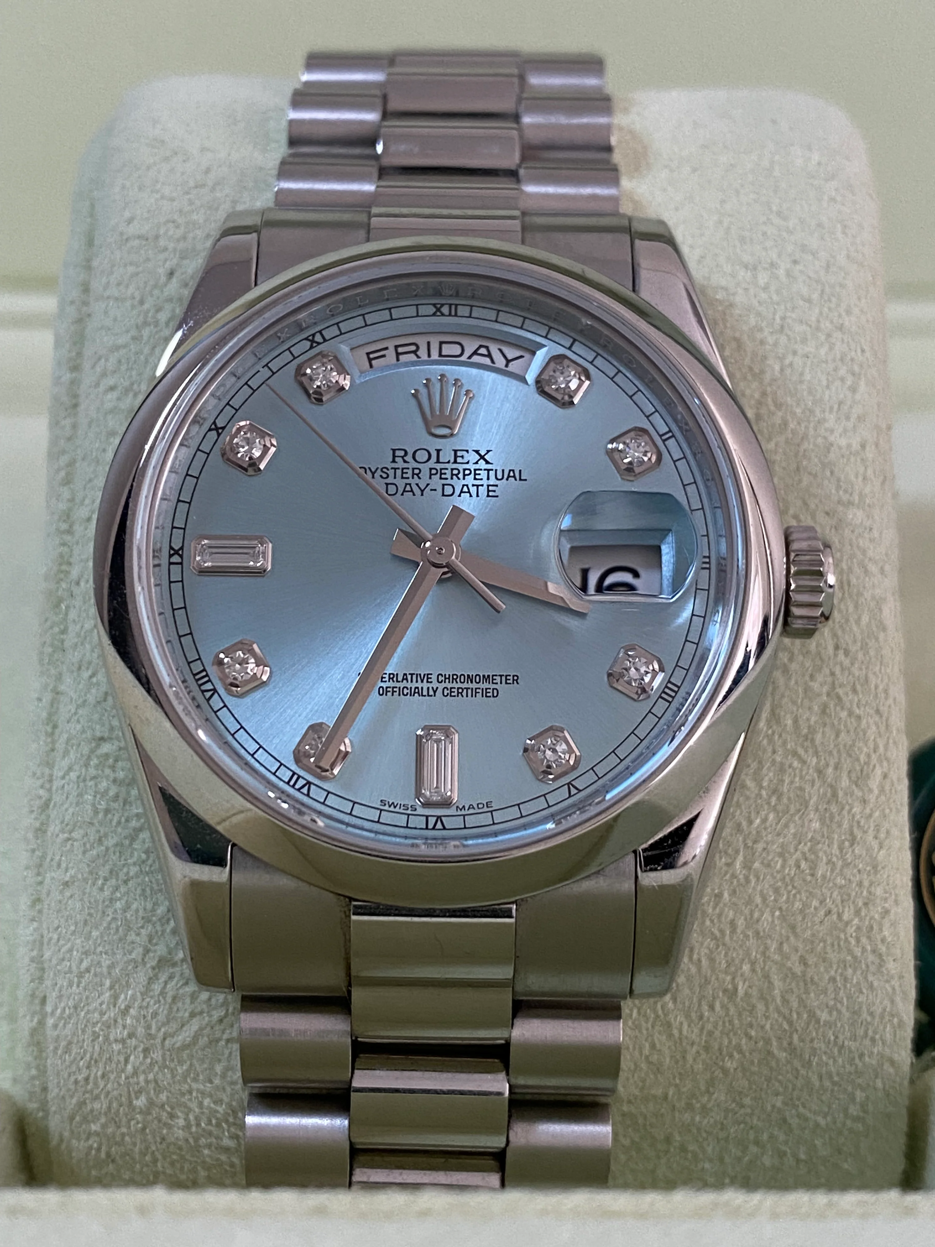Rolex Platinum Day-Date 36 - 2014 - Domed Bezel - Ice Blue Diamond Dial - President Bracelet - 118206 *FULL SET*