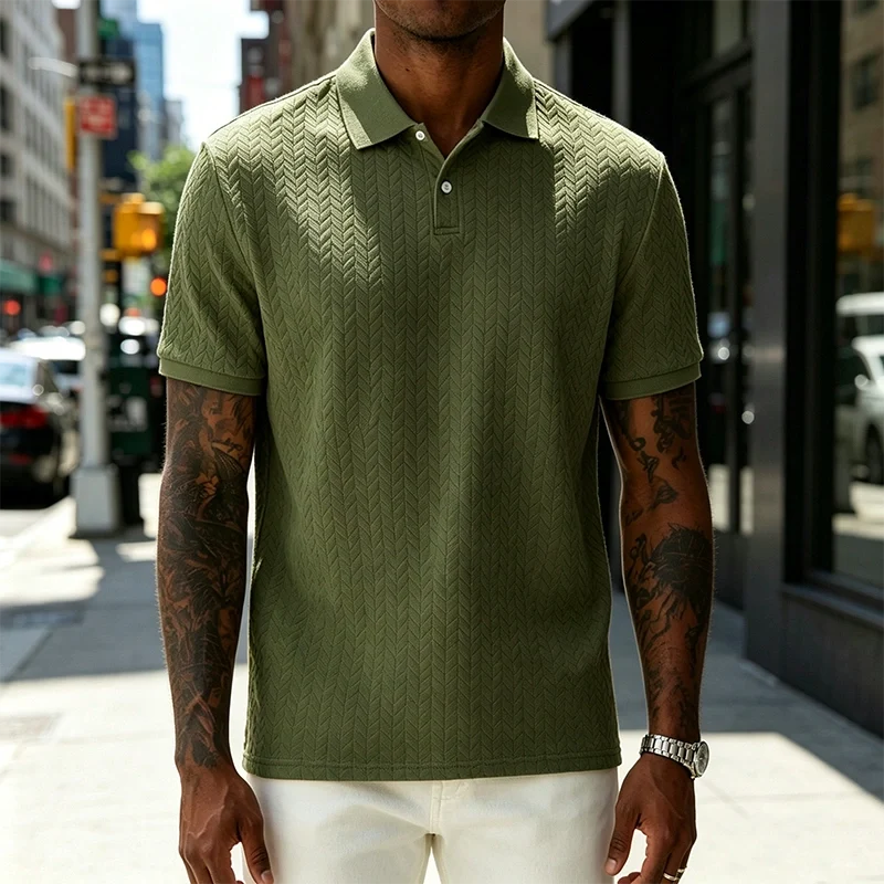 Men's Comfortable Solid Color Textured Short-sleeved Lapel Polo Shirt