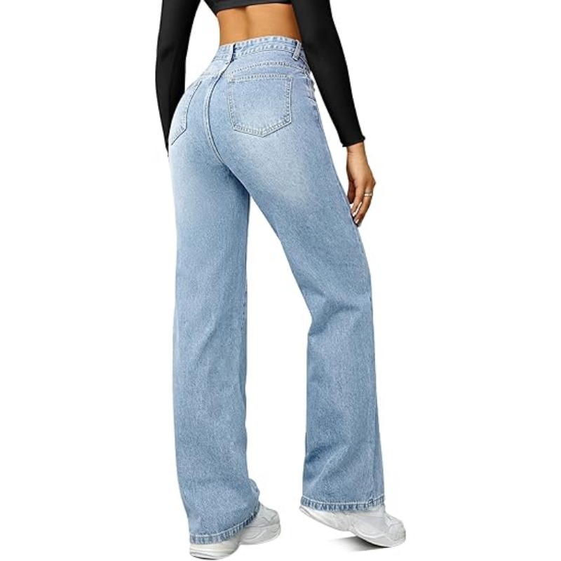 Women's High Waisted Microelastic Straight Leg Jeans, Loose Wide Leg Boyfriend Denim Pants
