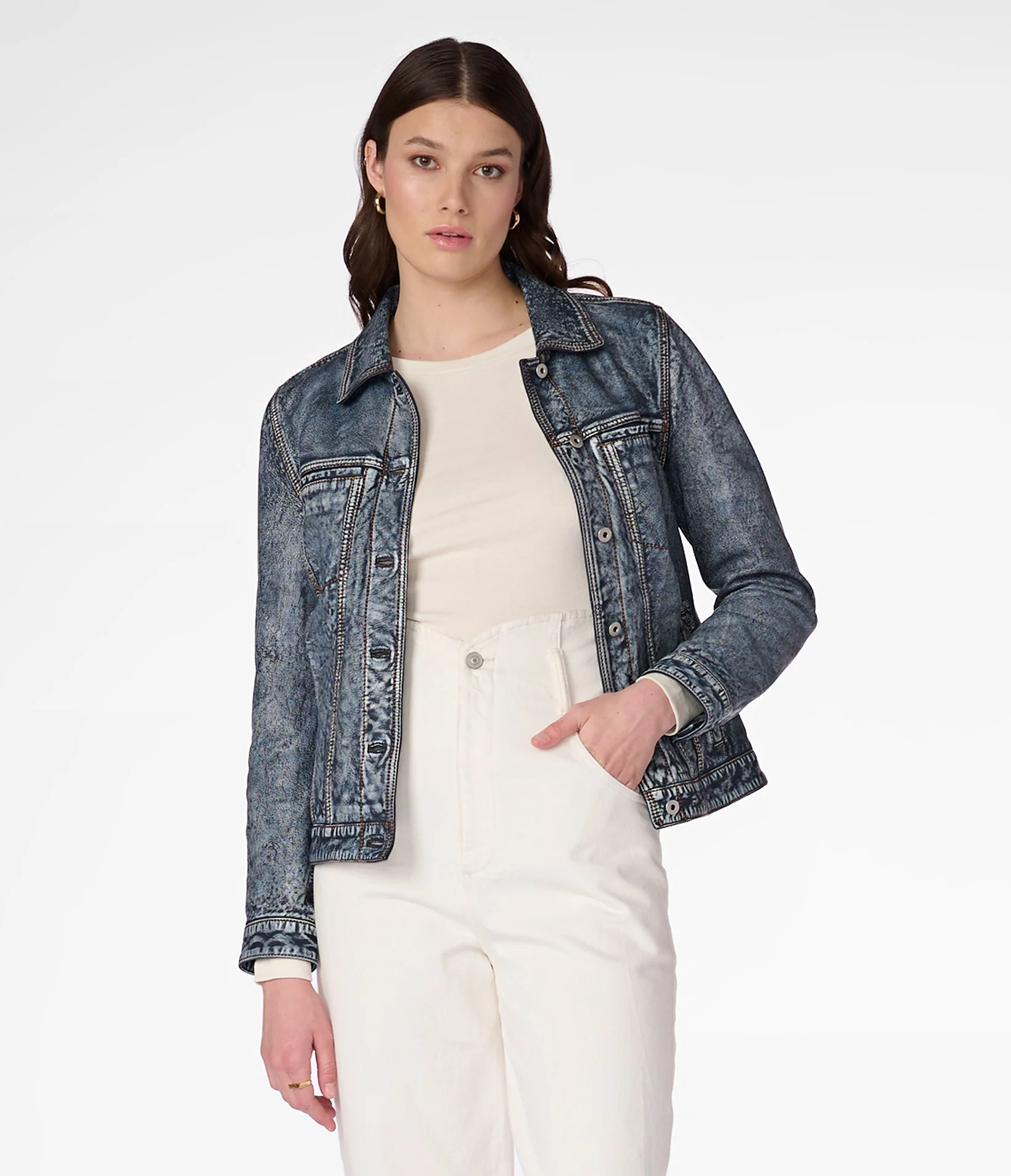 Faux Leather Spliced Denim Casual Outer Jacket