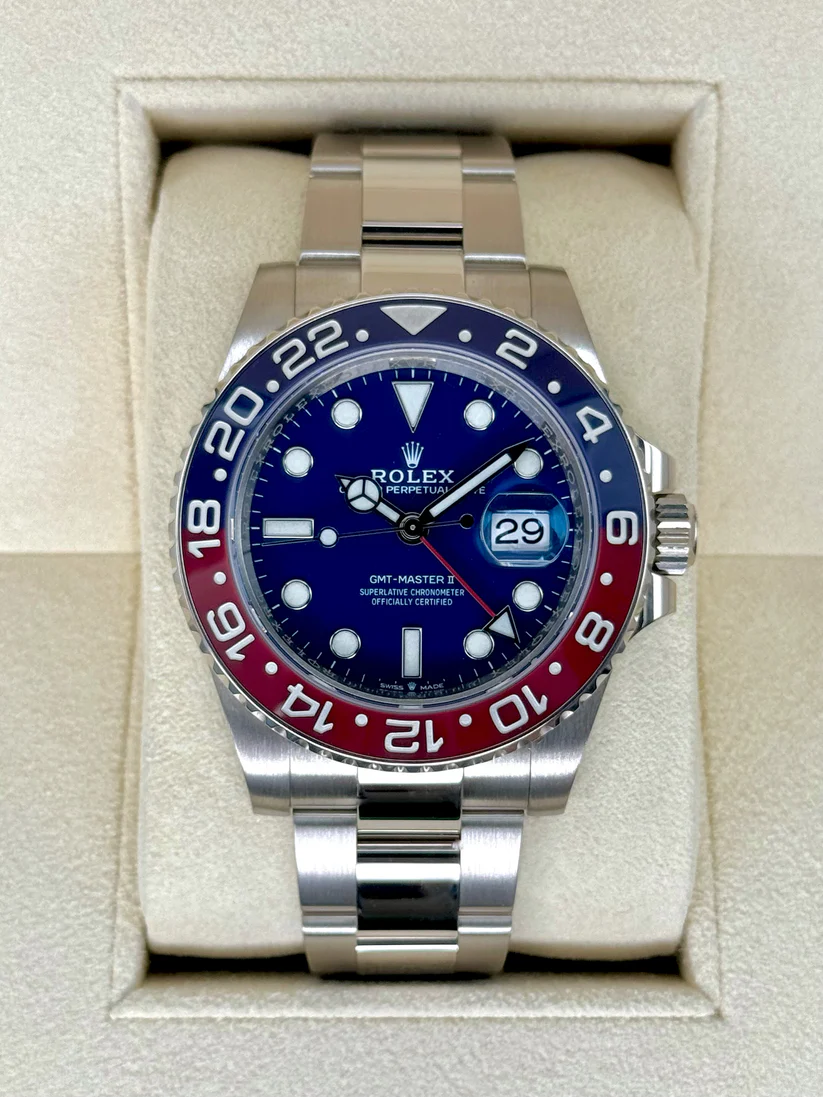【Super Clone】RLX  GMT-Master II - 40mm White Gold "Pepsi" - Blue Dial - Oyster Bracelet (Ref#126719BLRO)