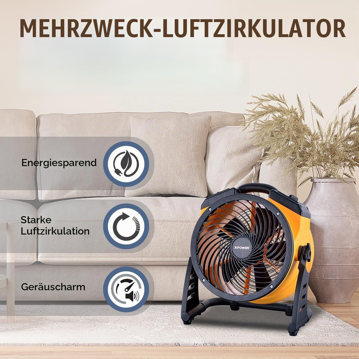 XPower Hochleistungs-Industrie-Hochgeschwindigkeits-Luftbeweger für den ganzen Raum, Luftzirkulator, Mehrzweck-Bodenventilator mit variabler Geschwindigkeit (Gelb, FC-100 900CFM)