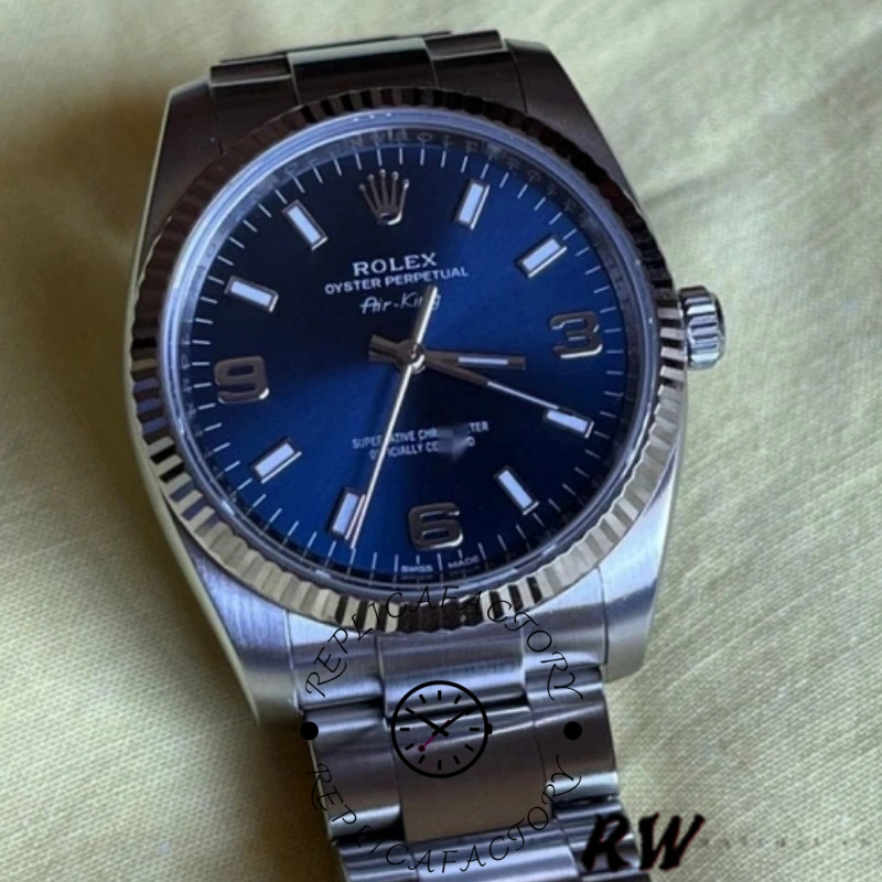 Rolex Oyster Perpetual Air-King 114234 Blue Dial fluted white gold bezel 34mm Unisex replica watch