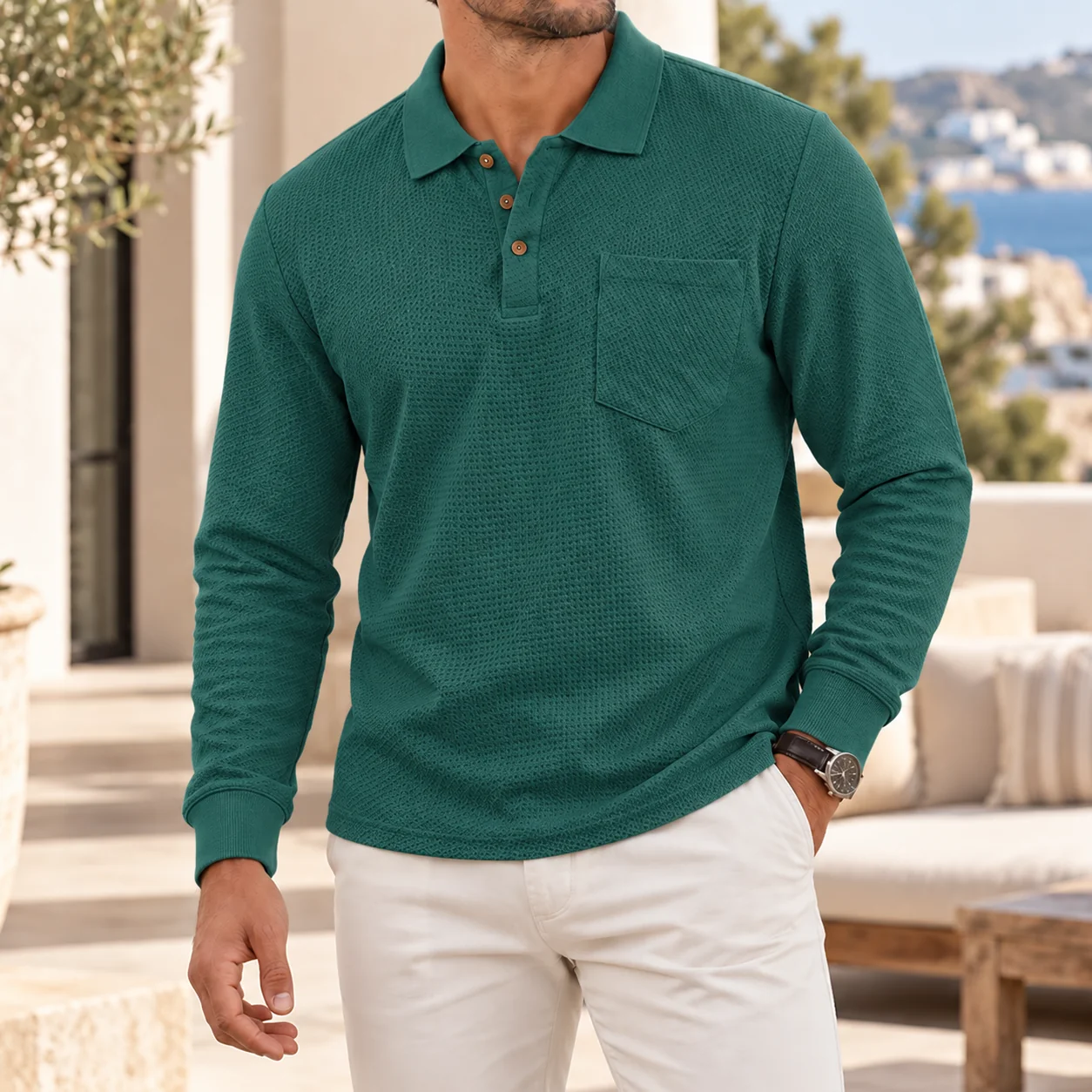 Mivanity Men's Premium Textured Polo Shirt Long Sleeve Casual Chest Pocket Top
