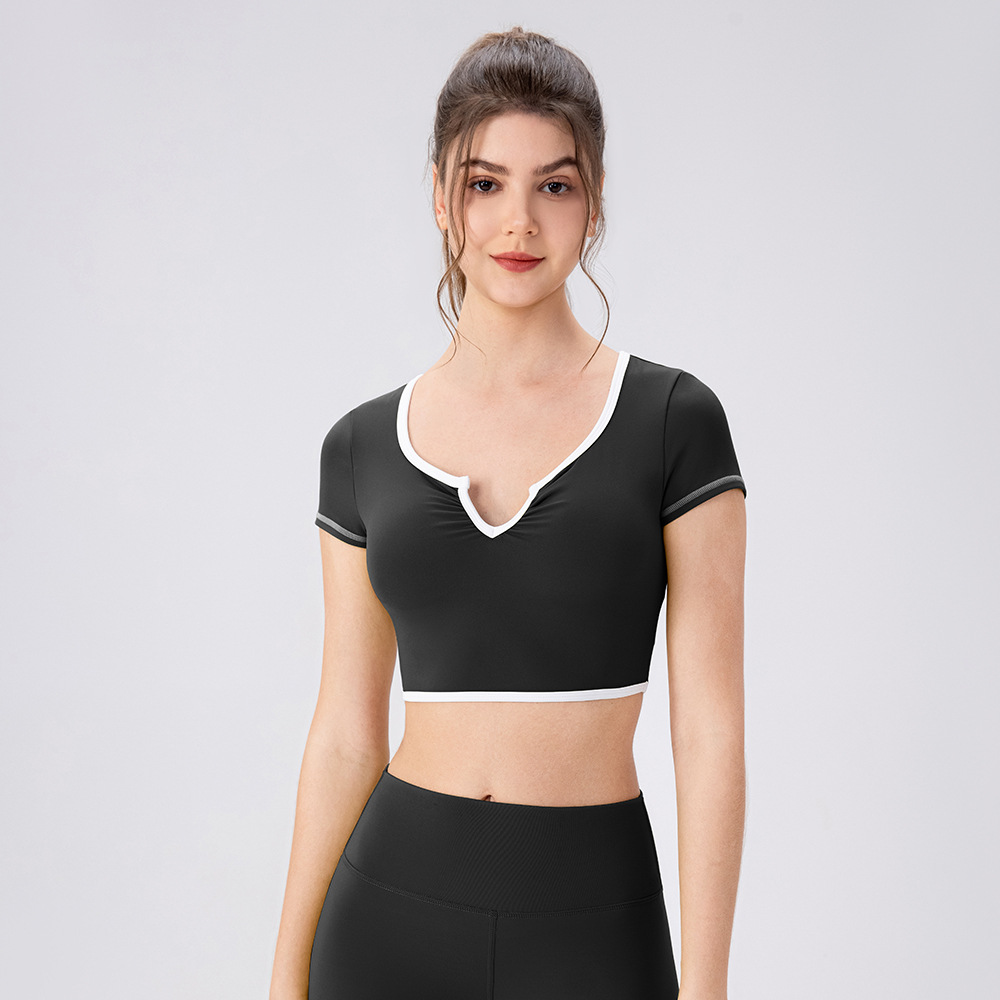 Women's Short Yoga Shirt, Short-Sleeved, with Padded Chest, Shock-Absorbing, Running, Pilates Training Top, Tight-Fitting Sports T-Shirt
