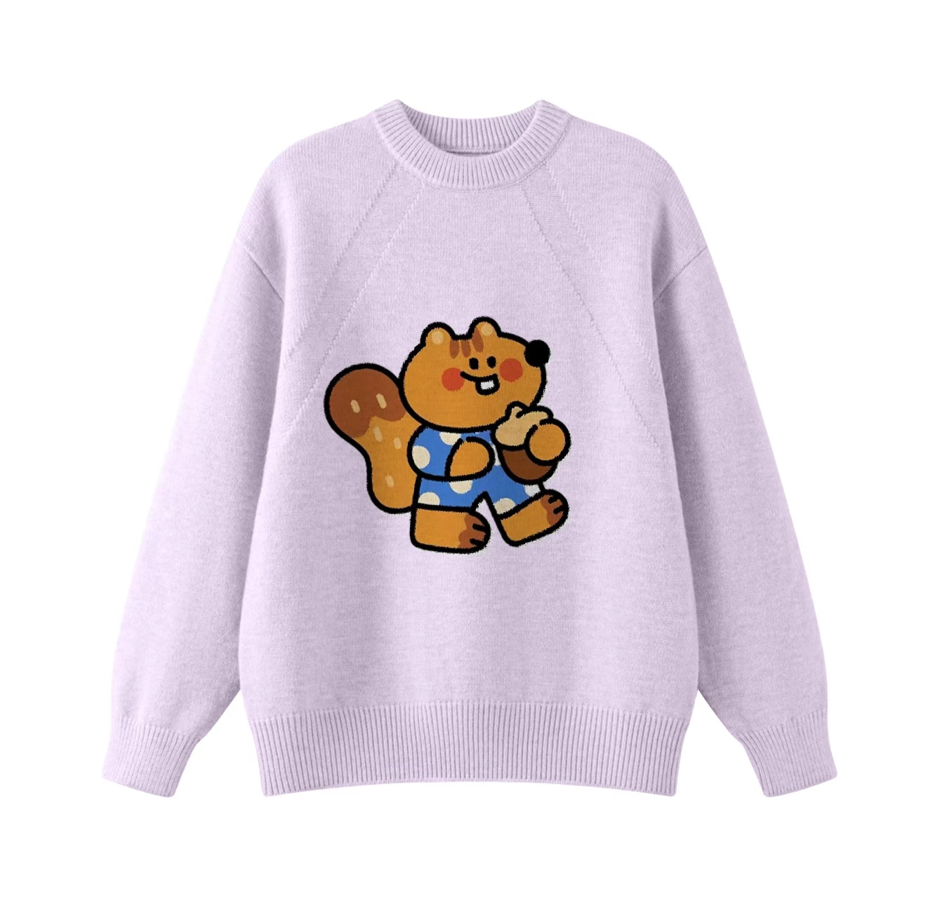 This adorable knit sweater features a squirrel eating a pine cone pattern and is a crew neck pullover style. Its design also makes it an ideal choice for winter clothing.
