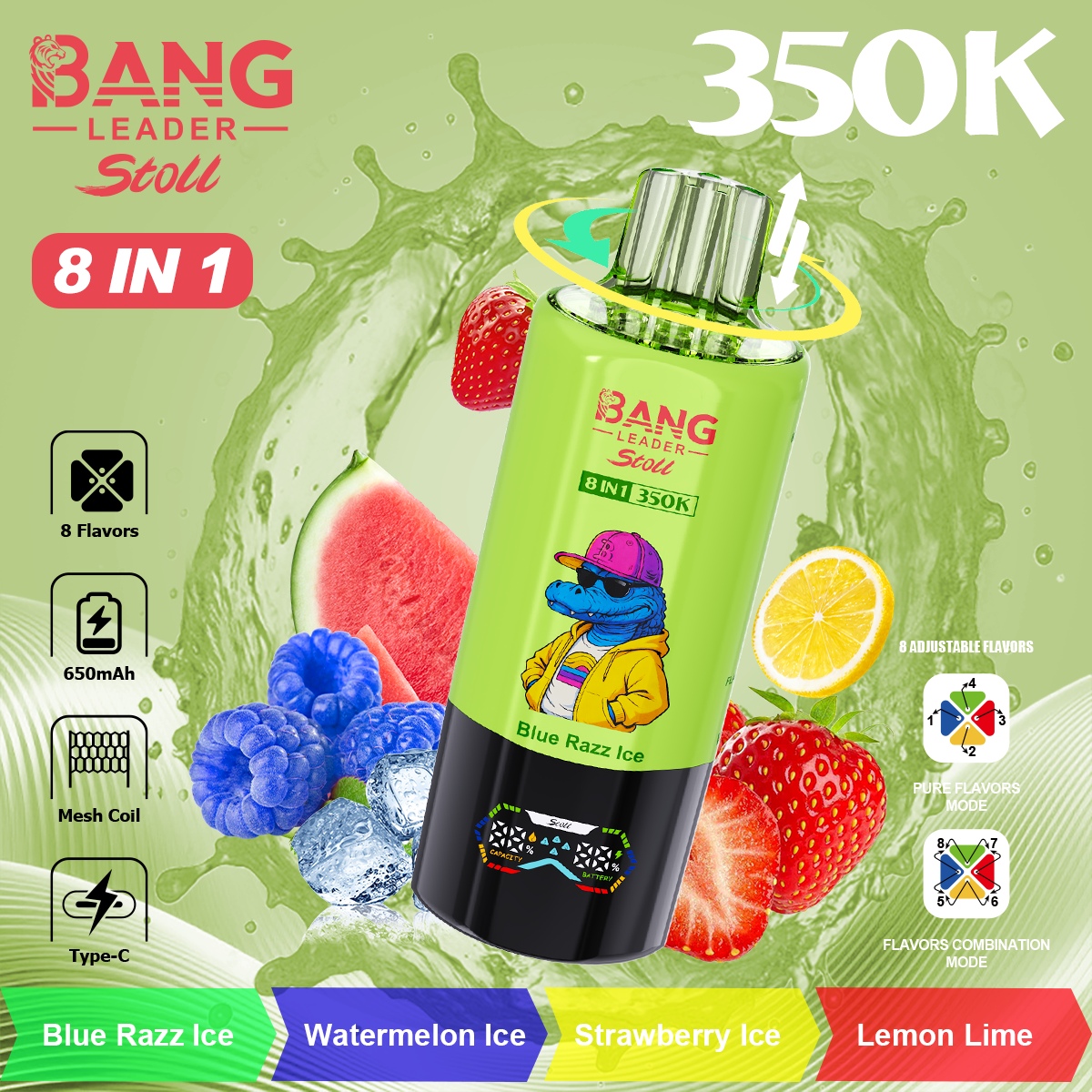 Вейп BANG LEADER STOLL 350 000 Дръпки (8 в 1) | LED Екран и Crocodile Дизайн