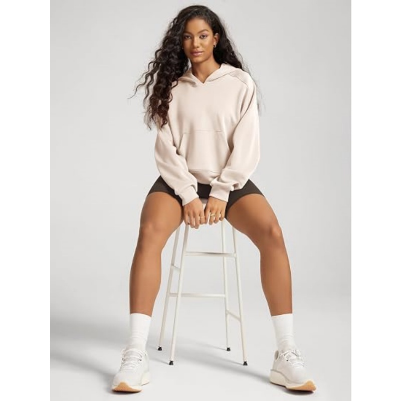 Women's Modal Cropped Hoodie, Oversized Long Sleeve Pullover Sweatshirt with Pocket