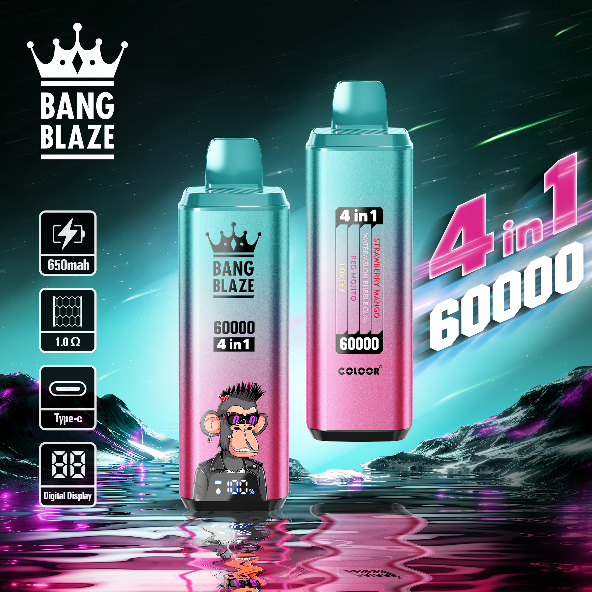 Вейп BANG BLAZE 60 000 Дръпки (4 в 1) | Електронна Цигара с LED Дисплей и Презареждане