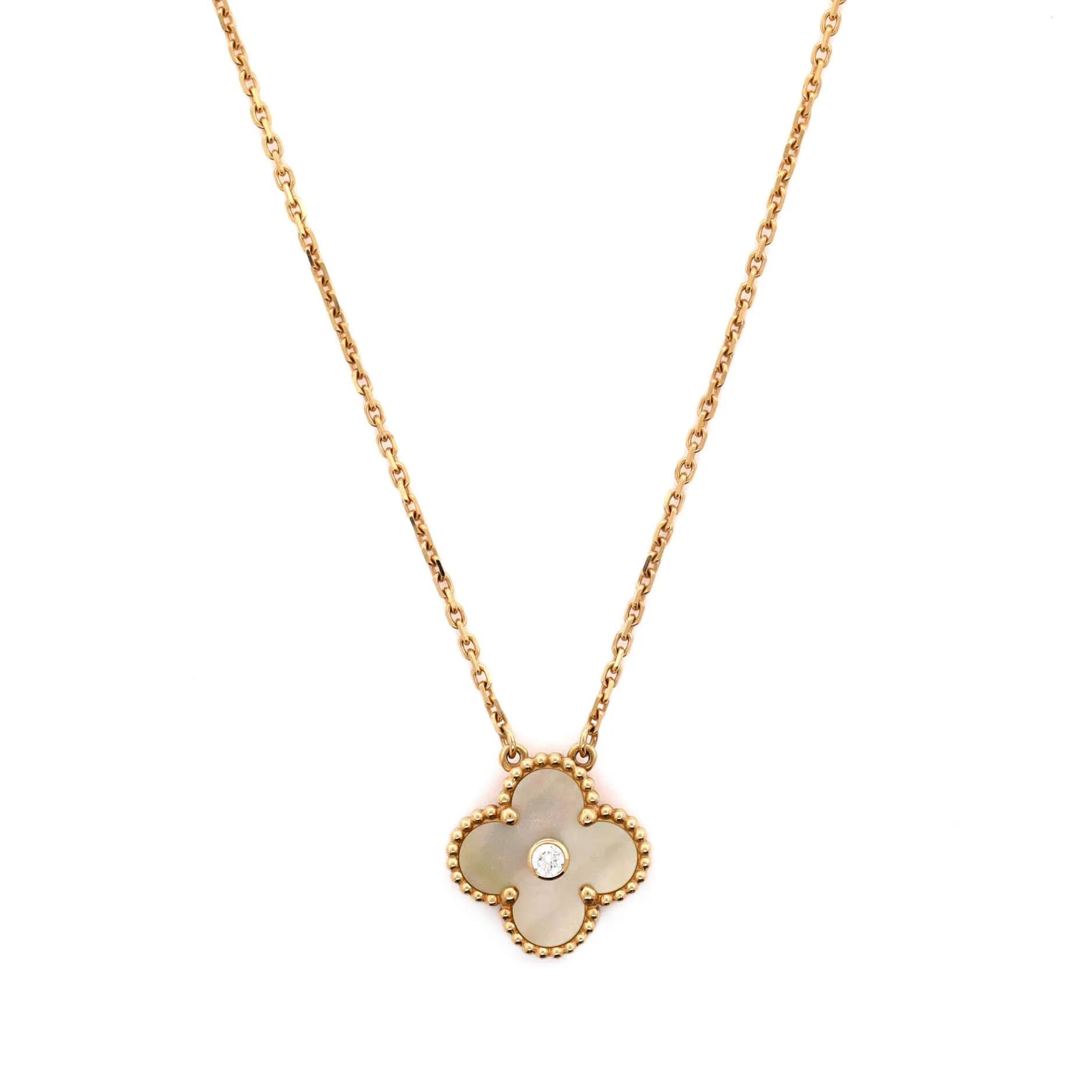 Vintage Alhambra Pendant Necklace 18K Yellow Gold and Gold Mother of Pearl with Diamond