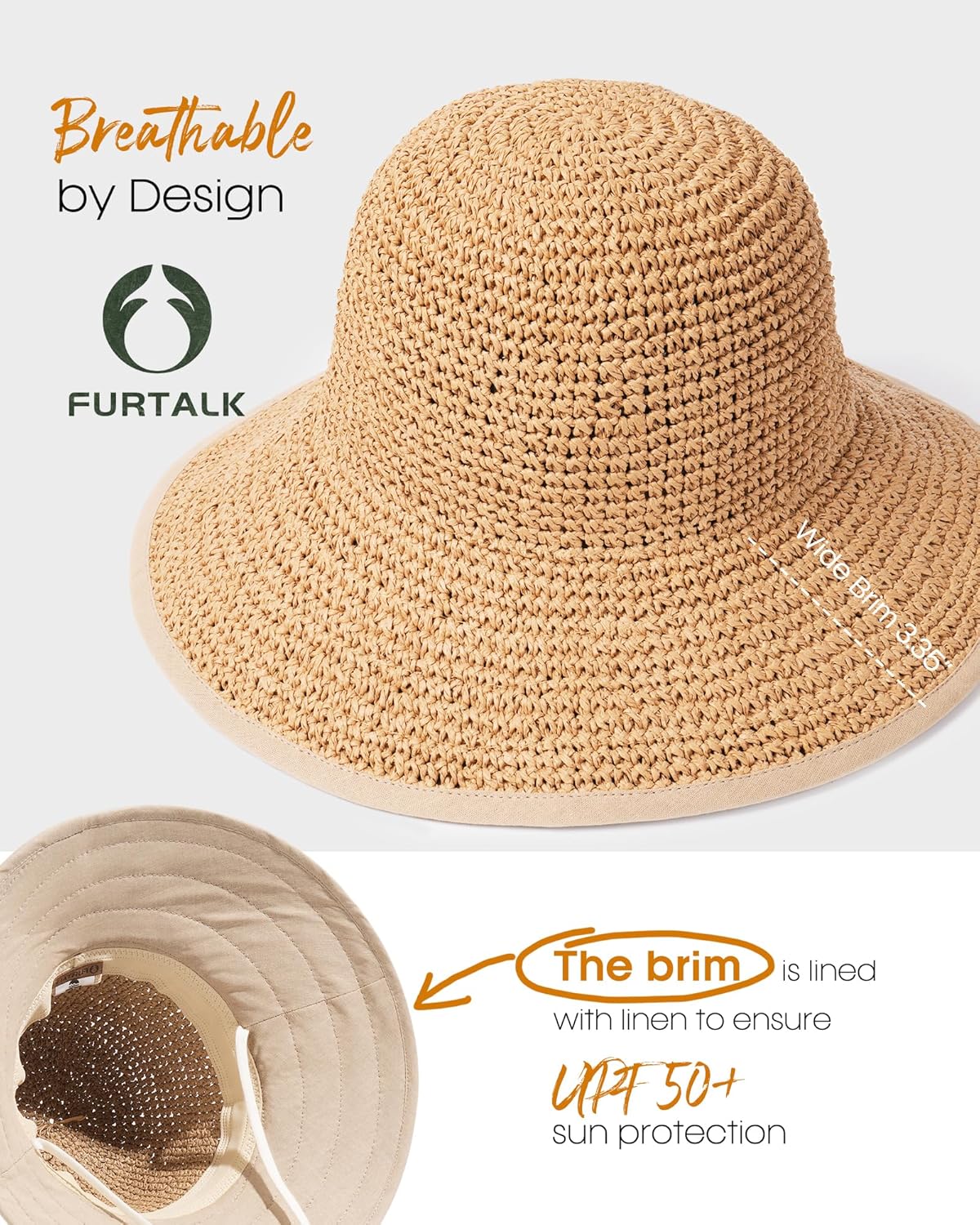 FURTALK Summer Straw Beach Sun Hats for Women UPF 50 Floppy Wide Brim Travel Bucket Hat Foldable Packable