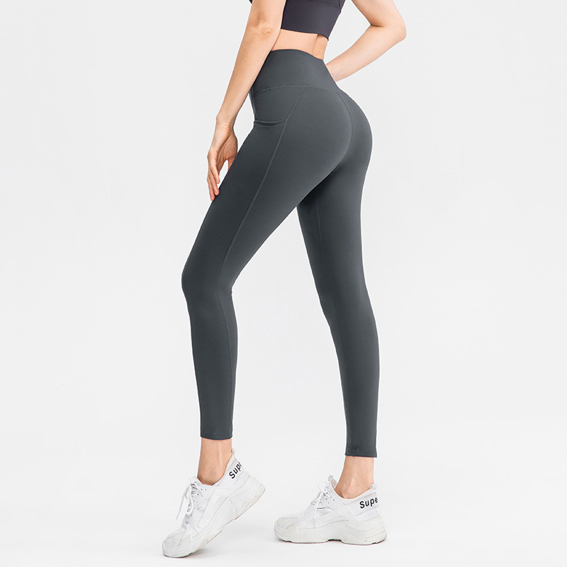 Women's nude-feel yoga pants, high-waisted, hip-lifting, pocketed, tight-fitting sports pants, high elasticity, quick-drying fitness pants