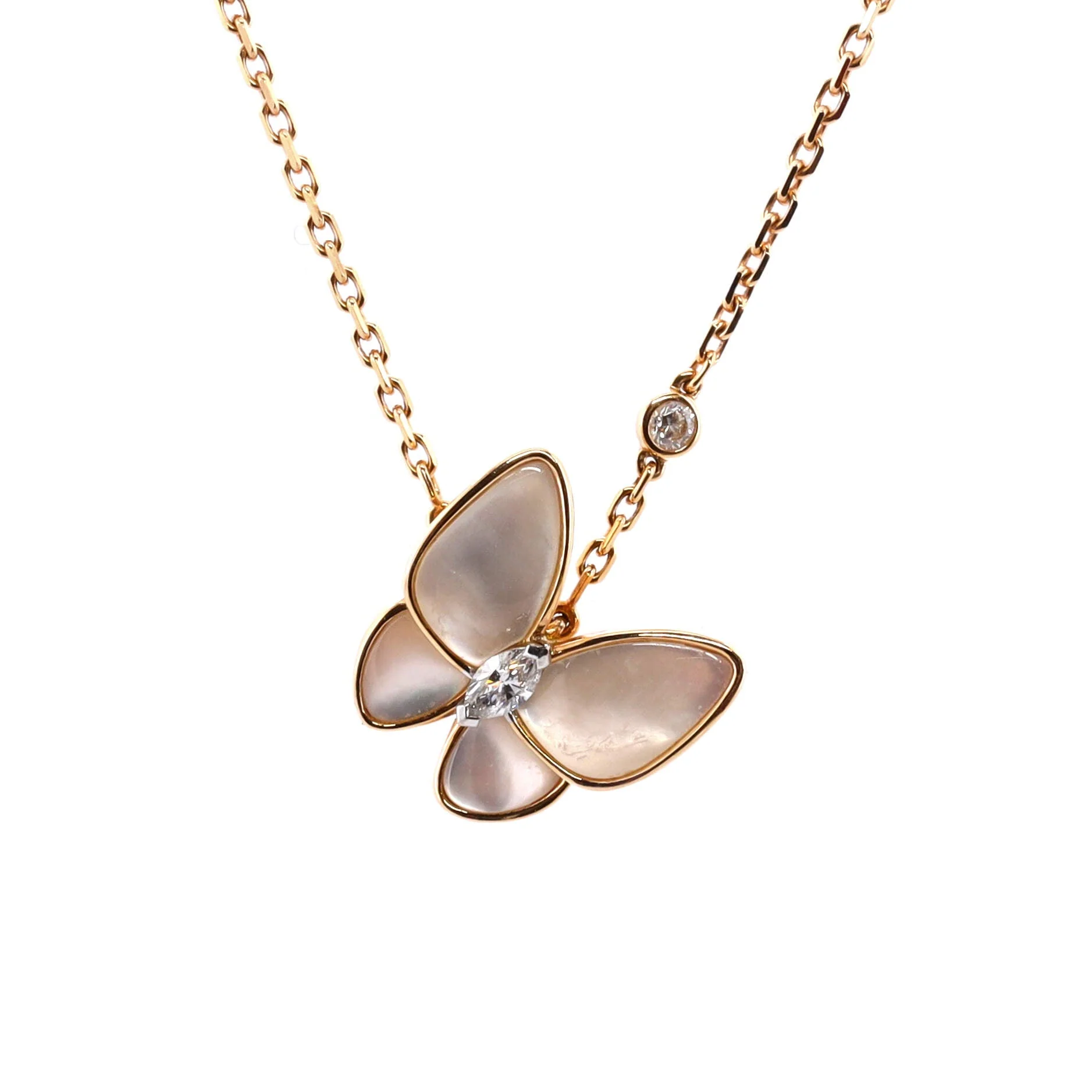 Two Butterfly Pendant Necklace 18K Rose Gold with Mother of Pearl and Diamonds