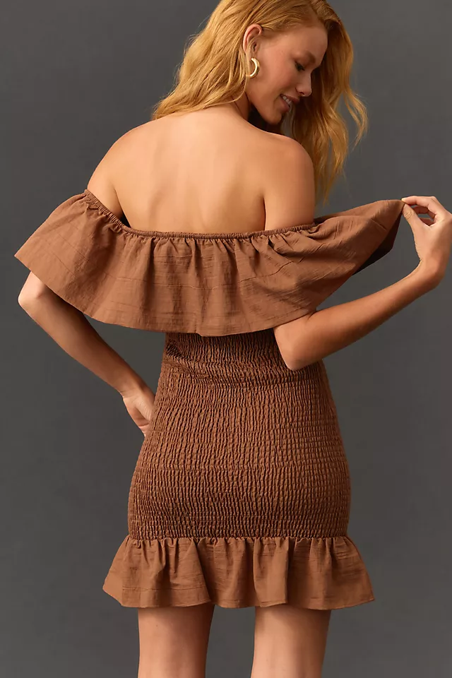 Off-The-Shoulder Smocked Mini Dress CHOCOLATE