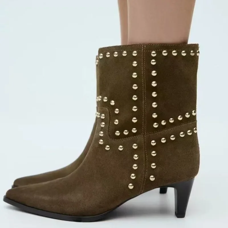 Spring/Autumn 2026 New Retro Women’s Shoes Brown Studded Suede Thin Heel Pointed Toe Booties Knight Boots
