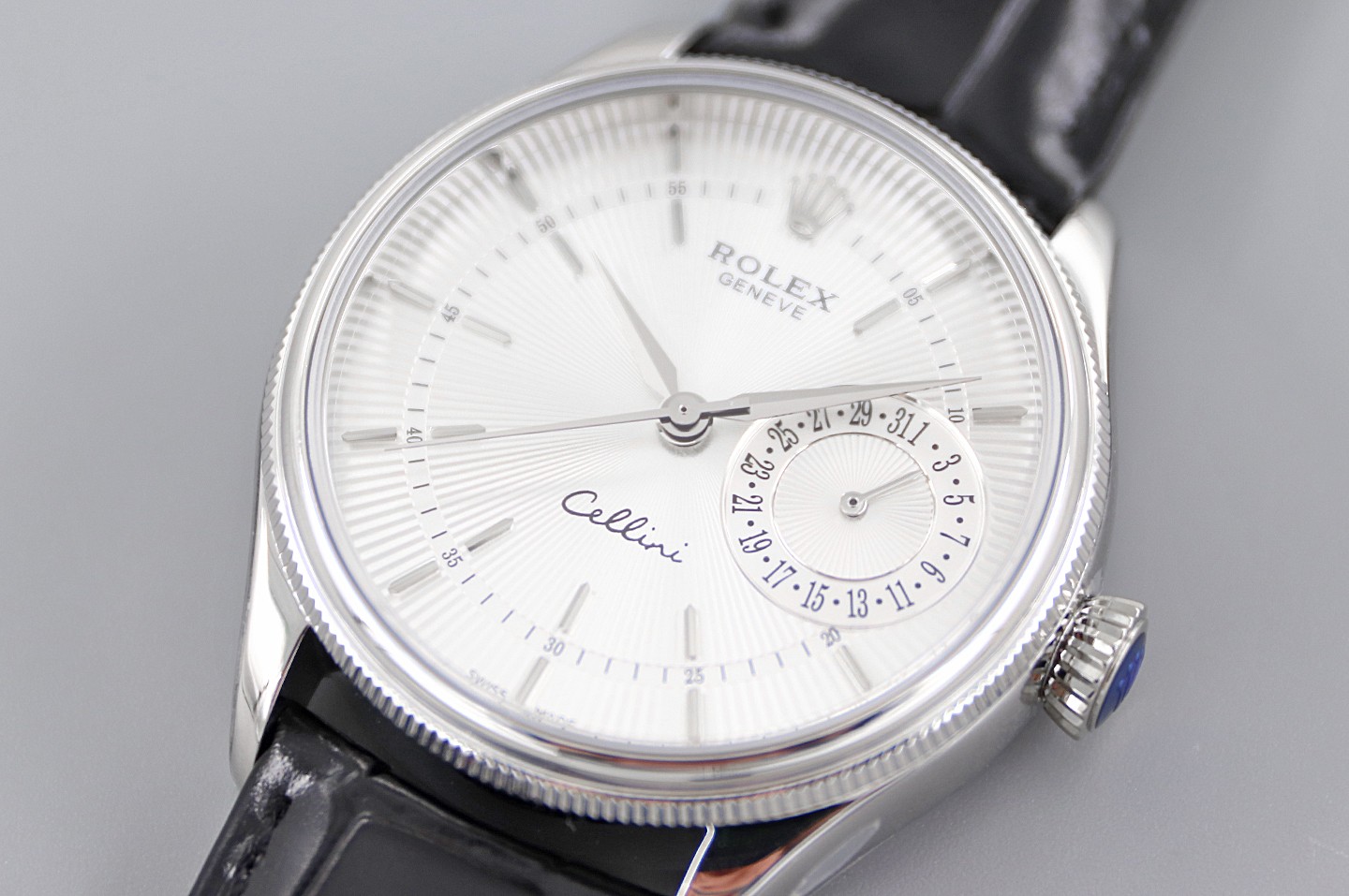 Rolex Cellini Date 50519 Black Leather Silver Dial 39mm Mens Replica Watch