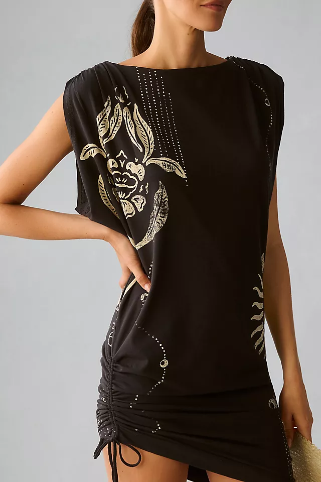 RuchedSleeveless Dress BLACK MOTIF