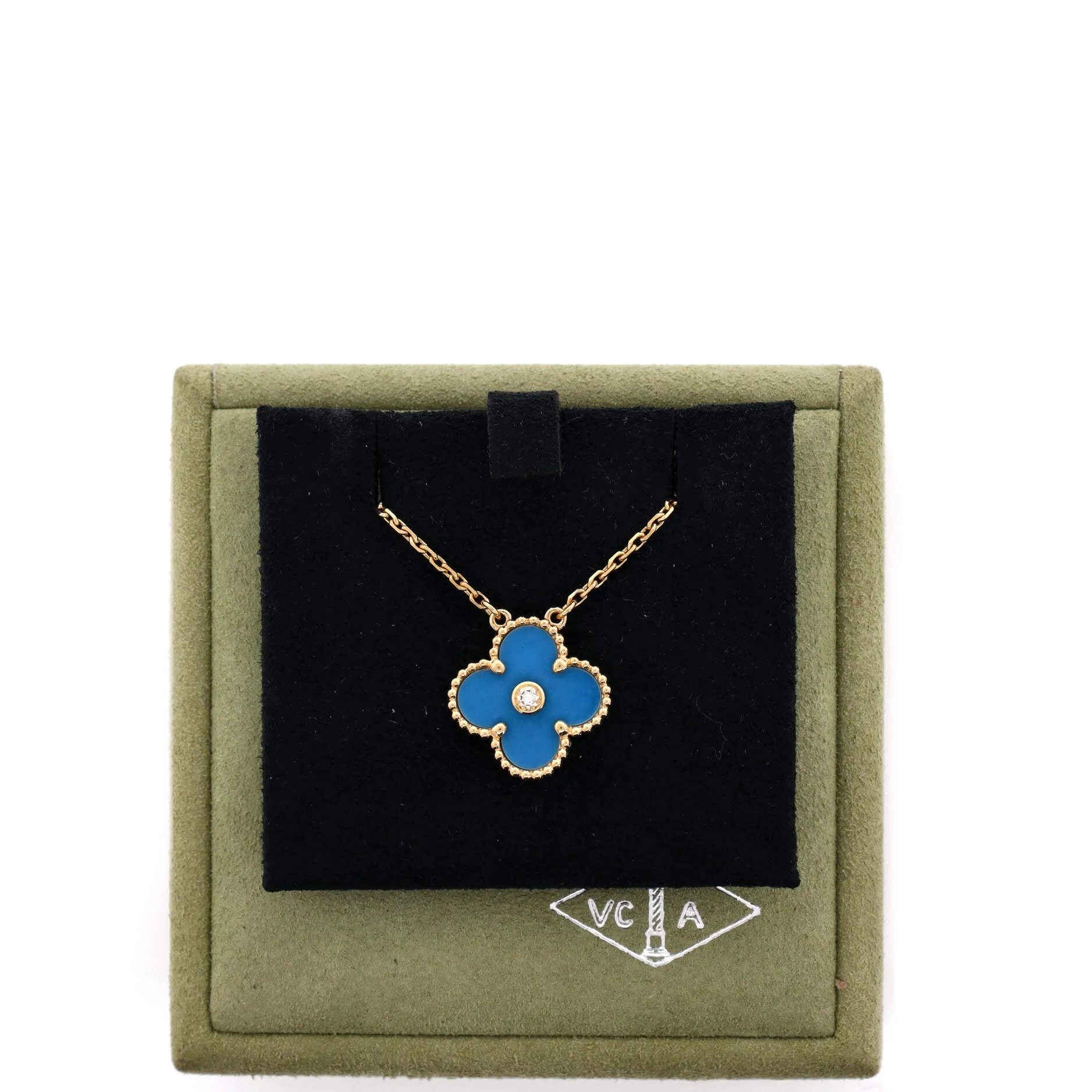 Vintage Alhambra Pendant Necklace 18K Yellow Gold and Blue Sevres Porcelain with Diamond
