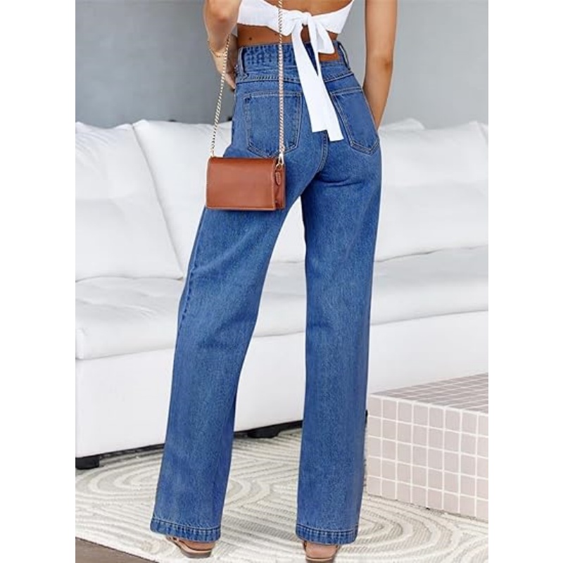 Women's High Waisted Stretchy Straight Leg Jeans, Trendy Loose Wide Leg Denim Pants with Pockets