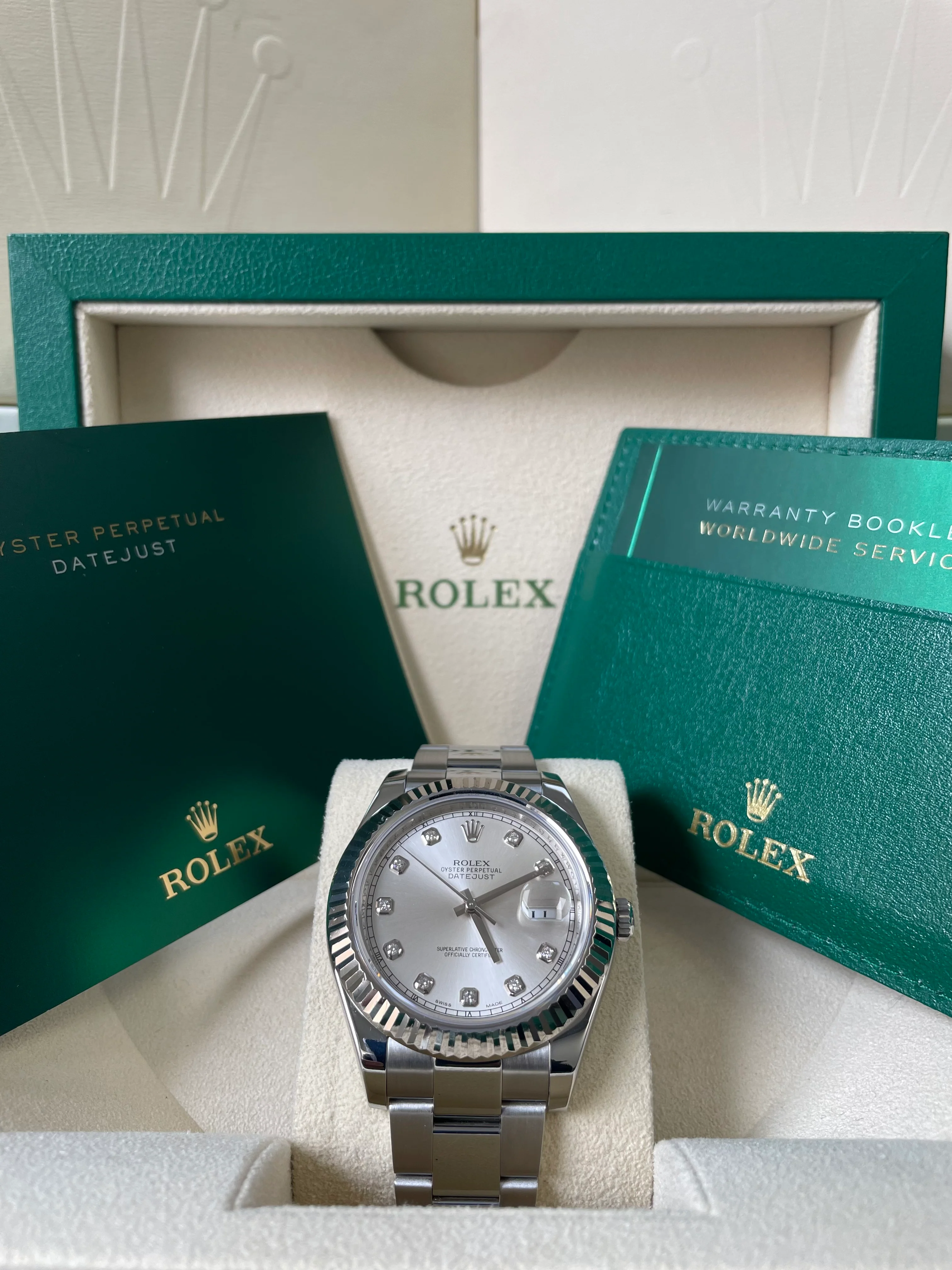 Rolex Steel Datejust II - 2010 - Fluted Bezel - Silver Diamond Dial - Oyster Bracelet - 116334