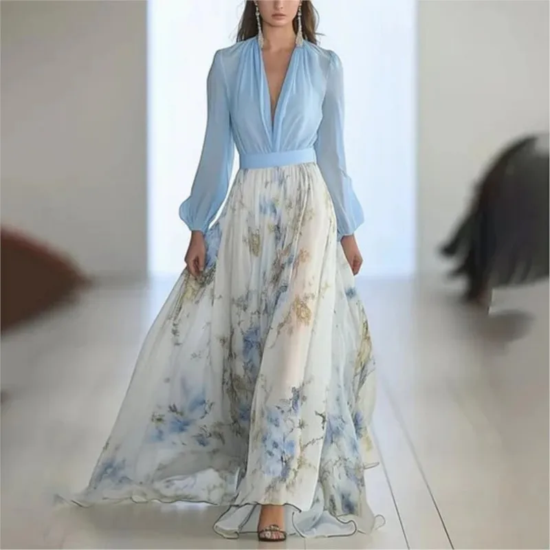 Fashion Floral Print Patchwork Bohemian Dress Woman 2026 Sexy V Neck Hollow Long Dresses Long Sleeve Puff Loose Maxi Dress