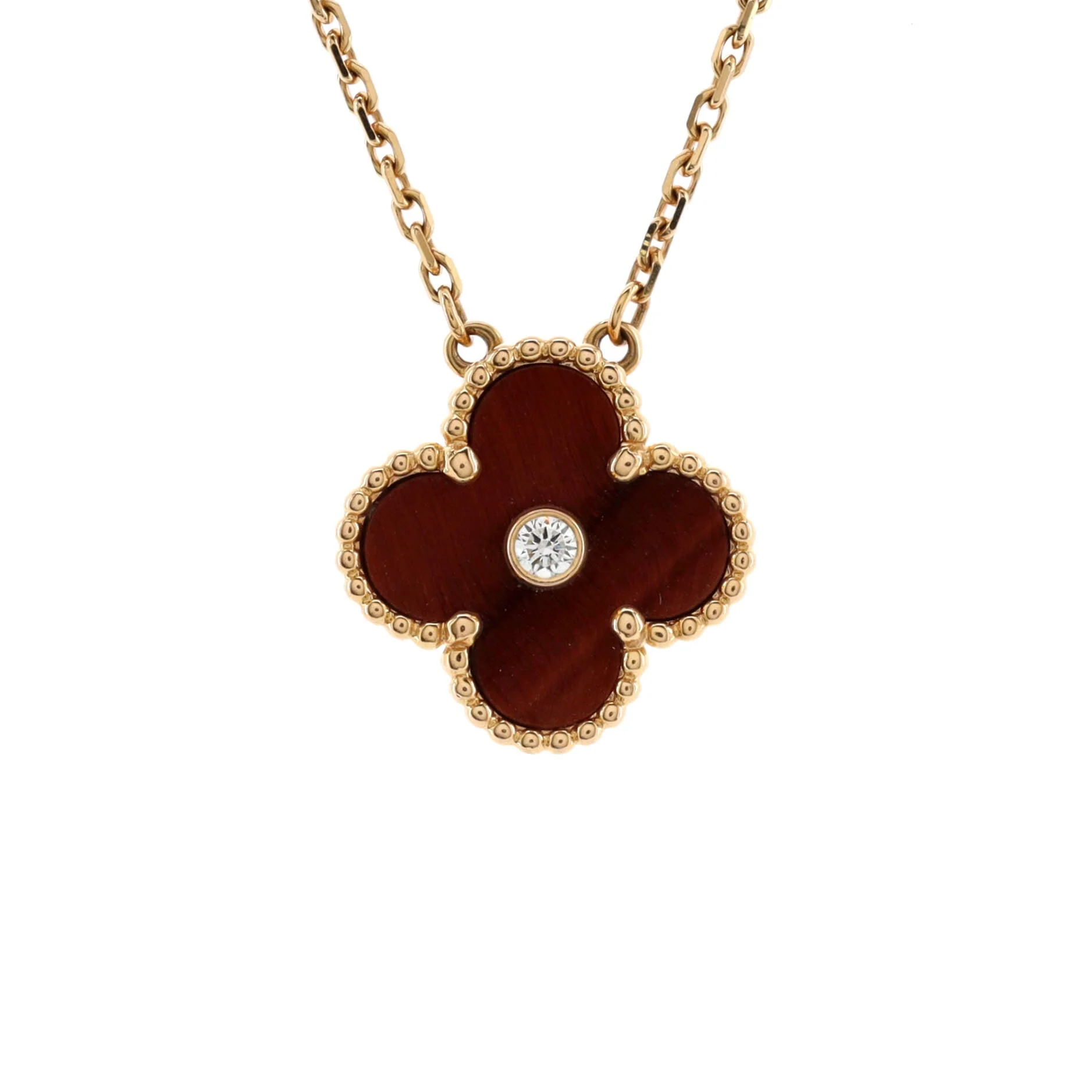Vintage Alhambra Pendant Necklace 18K Rose Gold and Tiger Eye with Diamond
