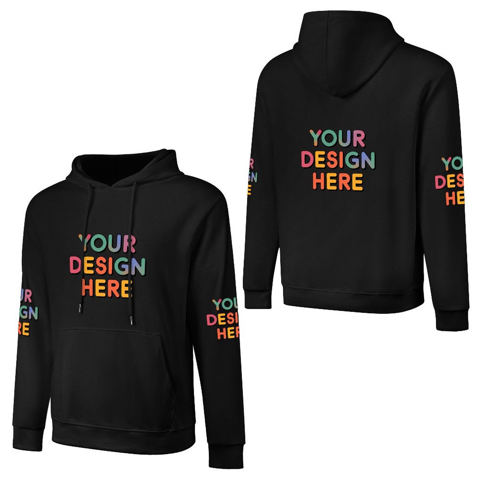 Customized Men’s Fashionable Hooded Sweater with Front, Back, and Sleeve Prints