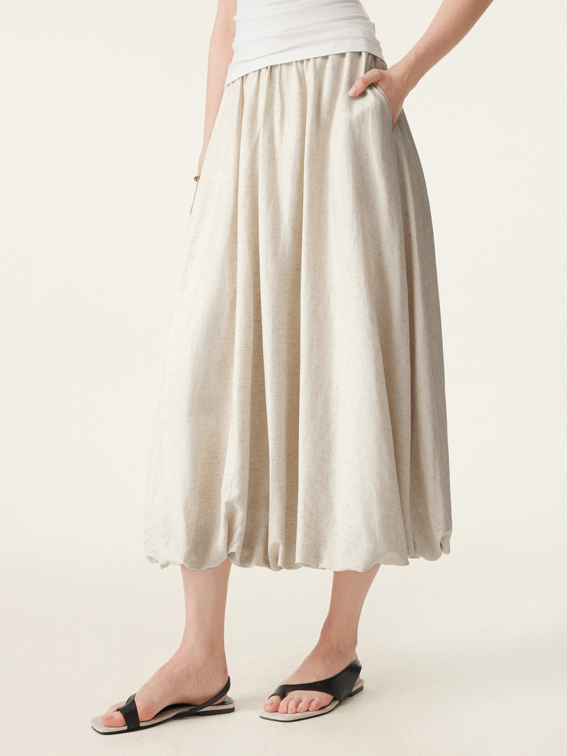 European Linen Bubble Maxi Skirt with Pockets