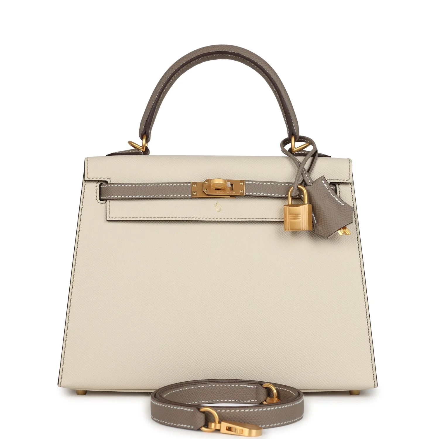Hermes Special Order (HSS) Kelly Sellier 25 Craie and Gris Asphalte Epsom Brushed Gold Hardware