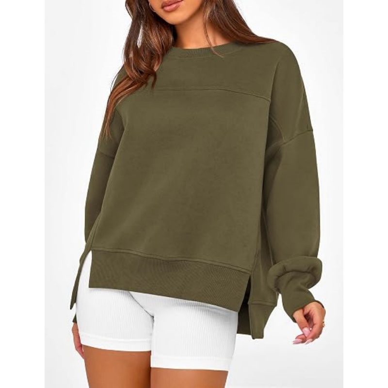 Women's Crewneck Sweatshirt, Fleece Long Sleeve Side Slit Pullover