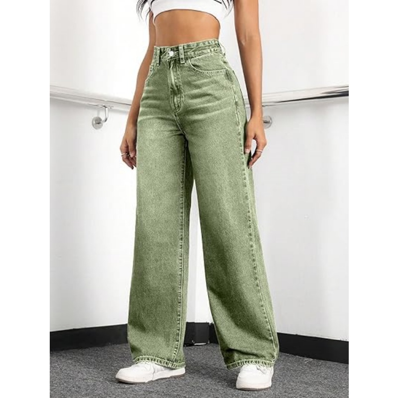 Women's High Waisted Stretchy Straight Leg Jeans, Loose Baggy Boyfriend Wide Leg Denim Pants