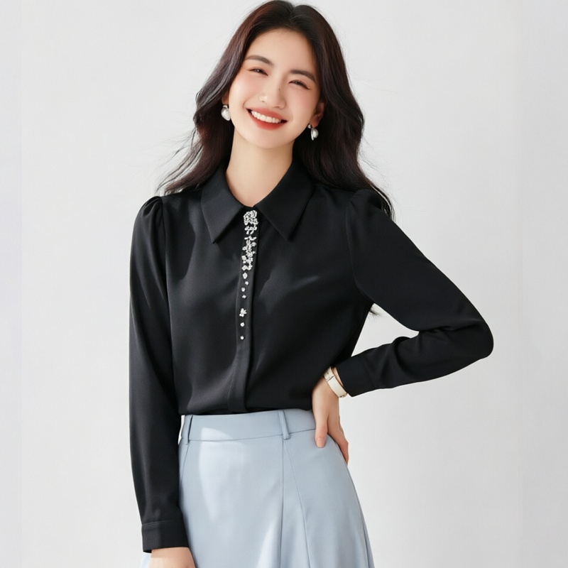 Satin classic white pointed collar autumn shirt for women