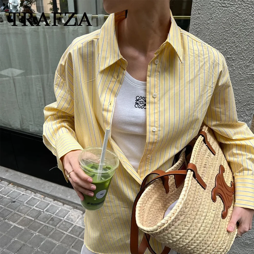 2026 Spring Summer Casual Striped Women Oversized Shirt Fashion Vintage Turndown Collar Single Breasted Thin Lady Shirt