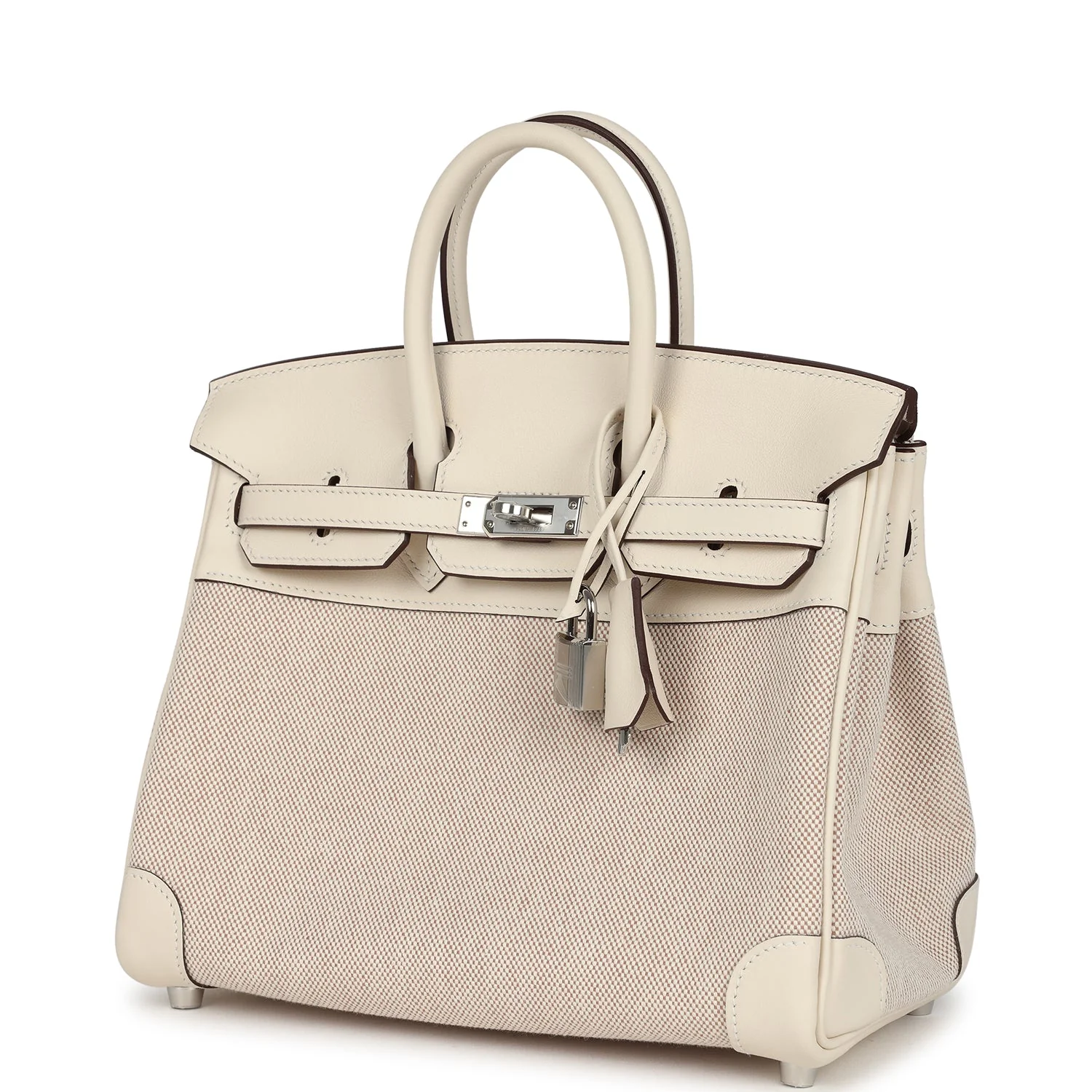 Hermes Birkin 25 Nata Swift and Ecru-Beige Toile H Canvas Palladium Hardware