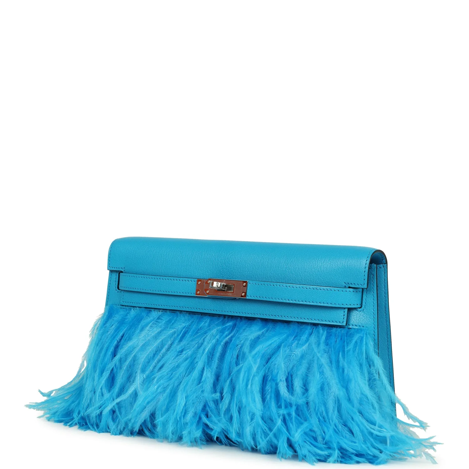 Hermes Kelly Elan Foile Bleu Frida Chevre Chamkila and Ostrich Feathers Palladium Hardware