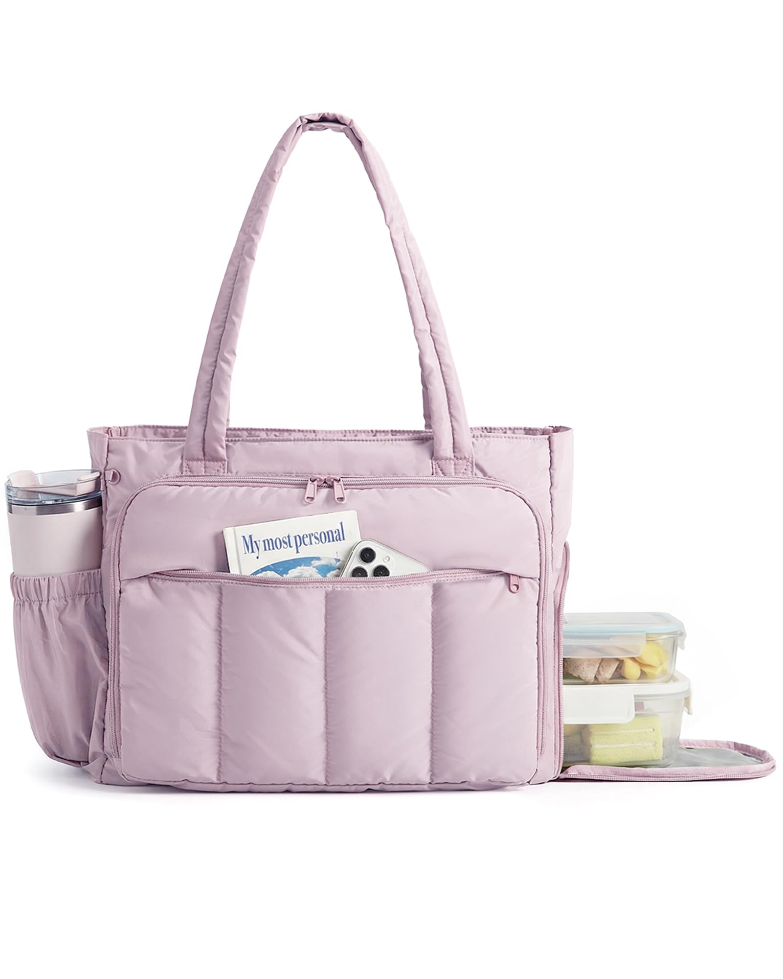 BAGSMART Tote Bag for Women, Teacher Tote with Insulated Compartment, Large Puffer Work Tote Handbags for Work, Pink