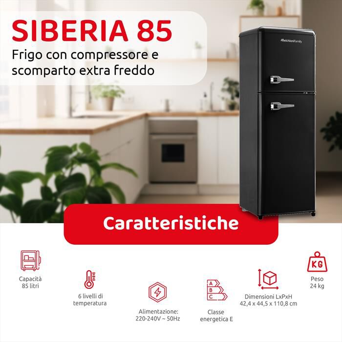 MELCHIONI FAMILY - Frigorifero 2 porte SIBERIA 85 Classe E 85lt-Nero / Metallo