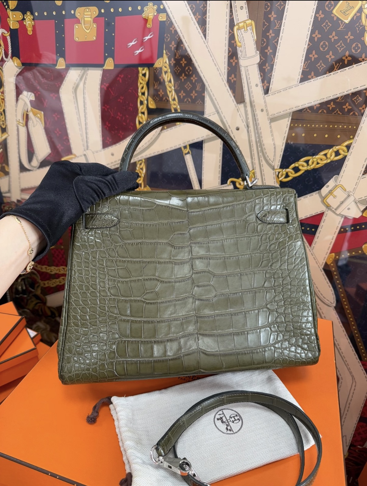 Kelly 25-32 Olive Green Matte Crocodile Leather Silver Hardware Custom - Artisantouchss