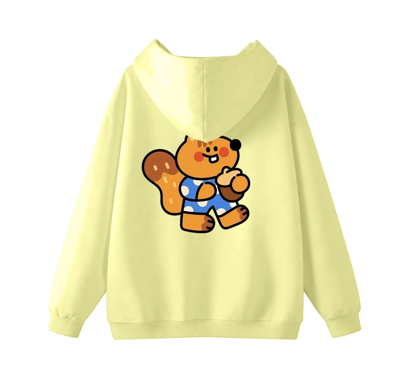 This adorable hooded sweatshirt features a squirrel eating a pine cone and is a casual pullover. Its stand-up collar also makes it an ideal choice for winter wear.