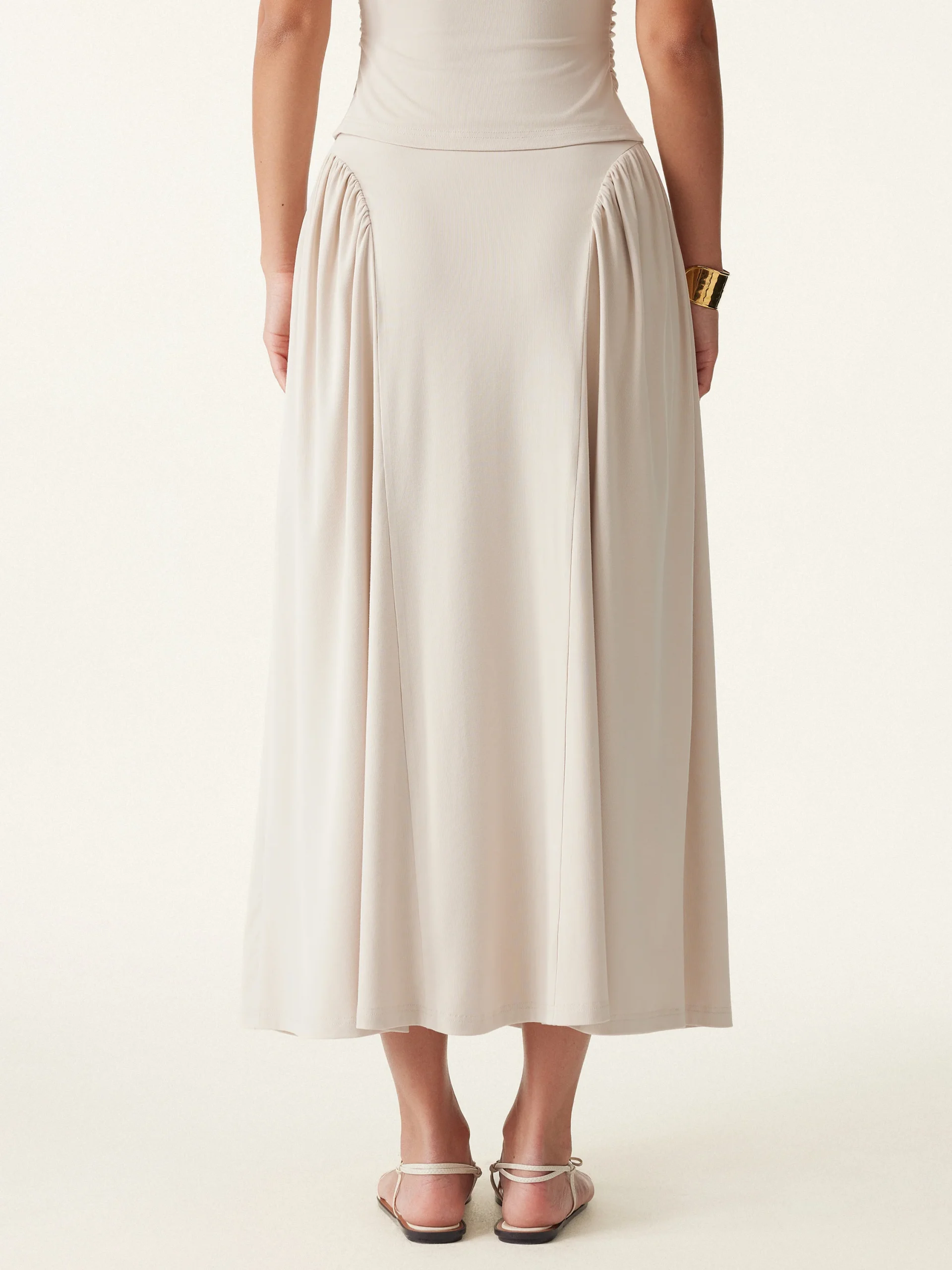 Curved Gathering Flared Midi Skirt with Pockets