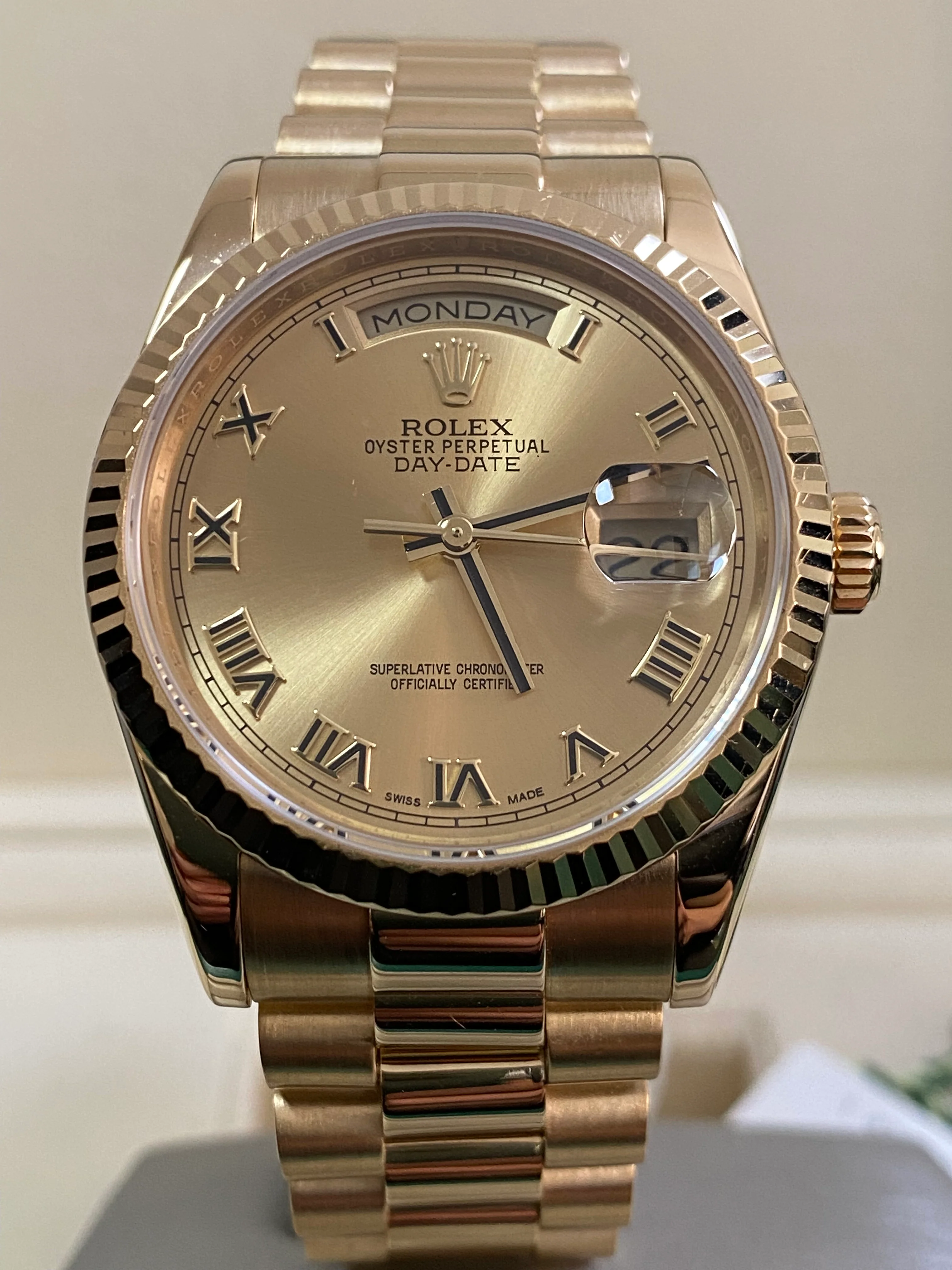 Rolex Yellow Gold Day-Date 36 - 2021 - Fluted Bezel - Champagne Roman Dial - President Bracelet - 118238 *NEW STYLE CARD*