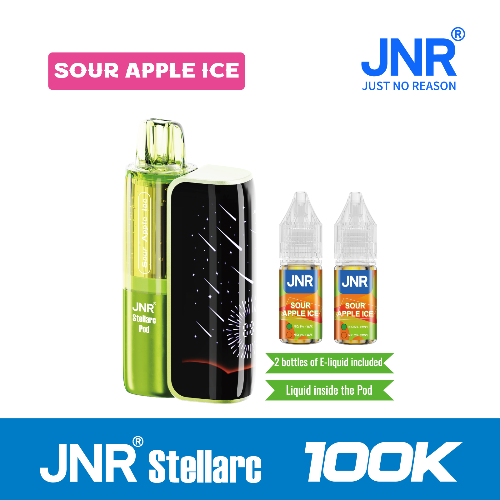 Sour Apple lce | JNR Stellarc 100K Puffs Kit - Refillable & Replaceable Pod Vape