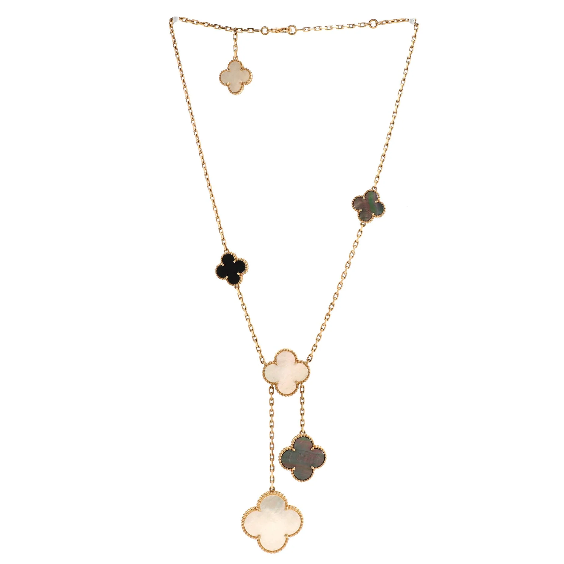 Magic Alhambra 6 Motifs Necklace 18K Yellow Gold and Mother of Pearl with Onyx