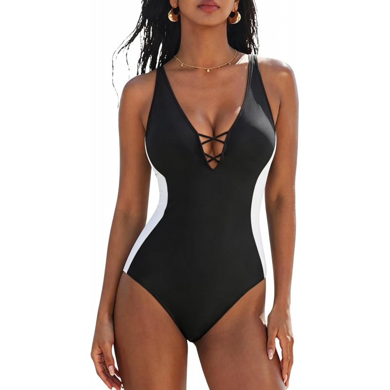 Women's One Piece Tummy Control Swimsuit Crisscross Back Bathing Suits