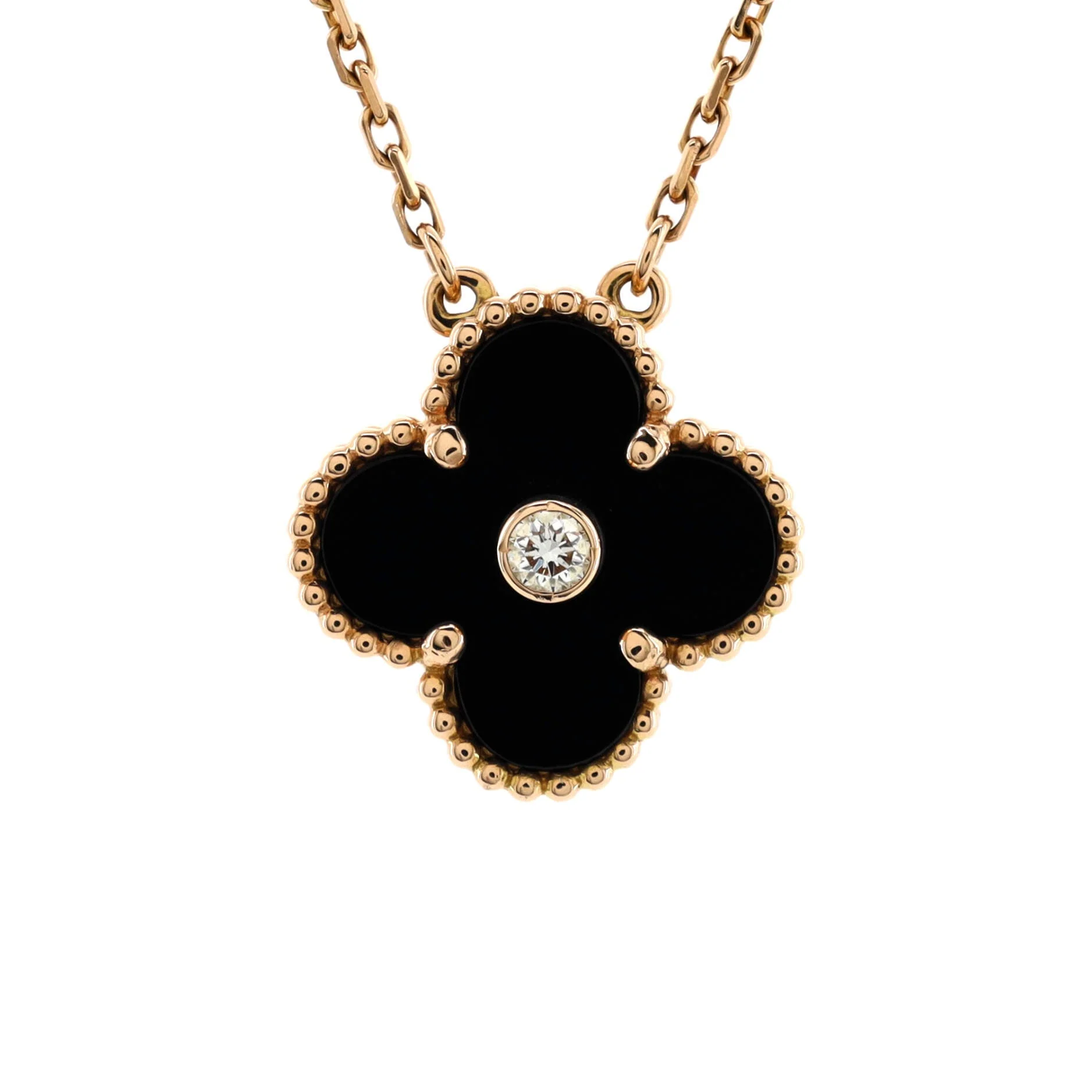 Vintage Alhambra Pendant Necklace 18K Rose Gold and Onyx with Diamond