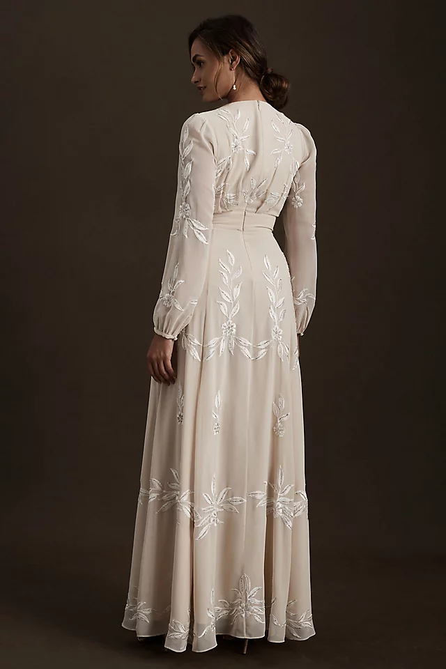 Embroidered A-Line Long-Sleeve V-Neck Gown Champagne